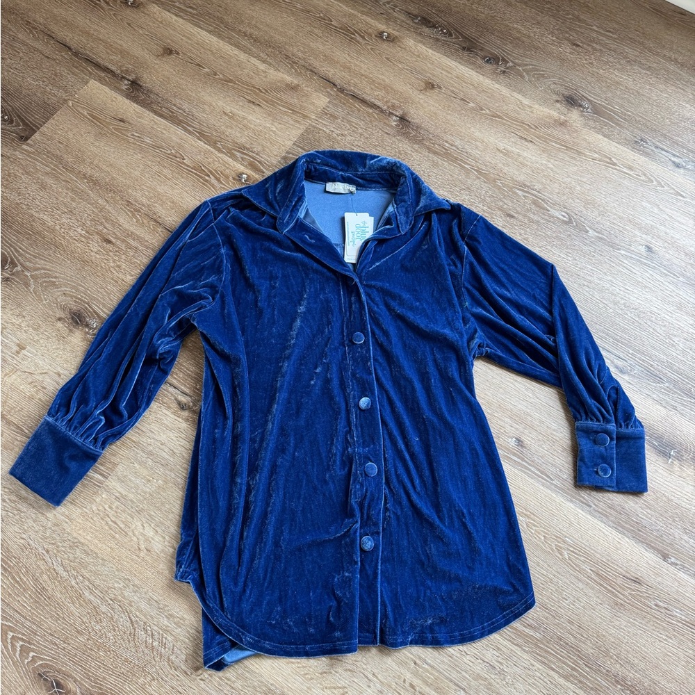 ROYAL BLUE VELVET BUTTON-DOWN TUNIC